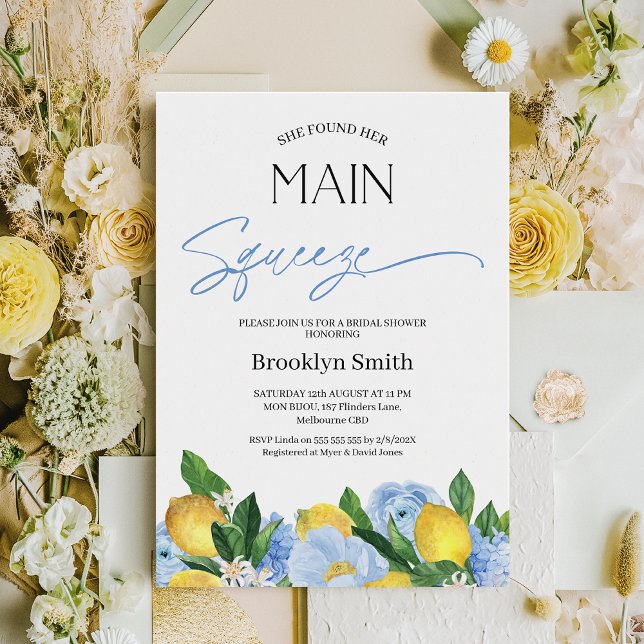 Modern Blue Floral Lemon Bridal Shower Invitation (Lemon Bridal Shower Invitation Template, She Found Her Main Squeeze Bridal Shower Invitation, Blue )