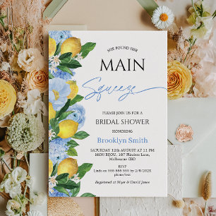 Modern Blue Floral Lemon Themed Bridal Shower Invitation