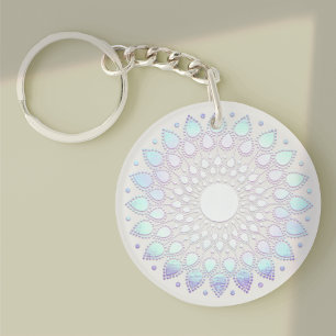 Modern Blue Floral  Lotus Mandala Key Ring