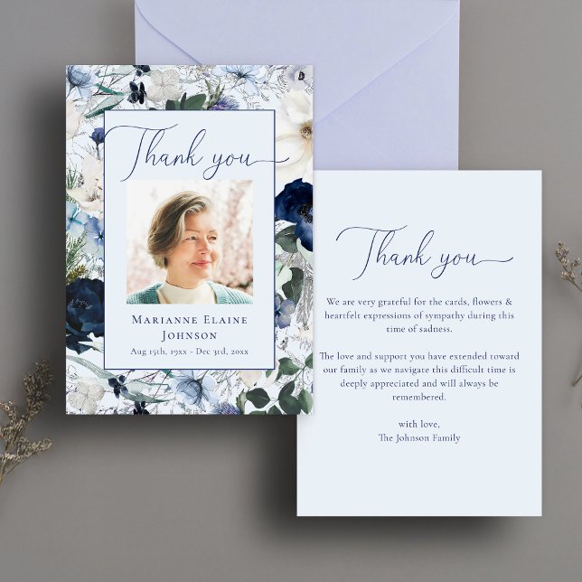 Modern Blue Floral Memorial Celebration of Life Thank You Card (Creator Uploaded)