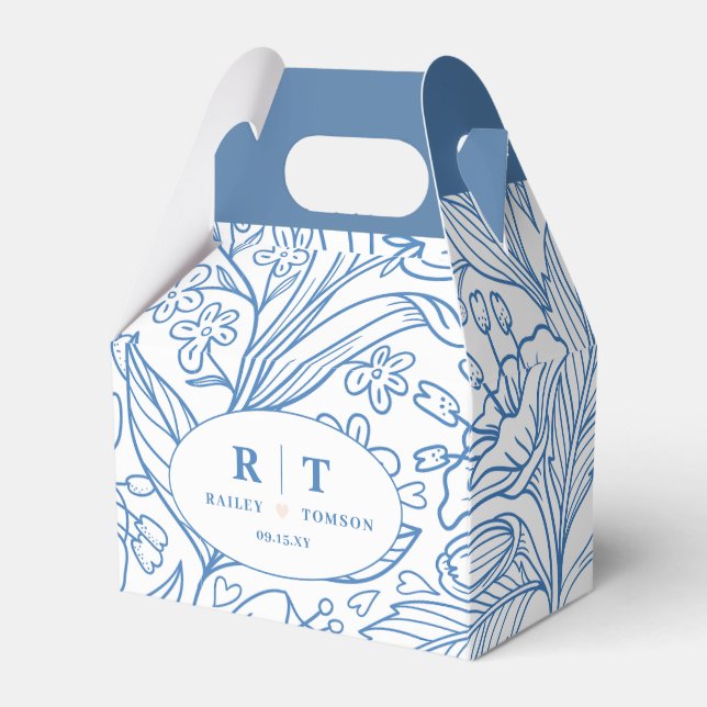 Modern Blue Floral Monogram Thank You Wedding Favour Box (Front Side)