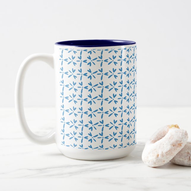 Modern Blue Floral Motif Two-Tone Coffee Mug (With Donut)