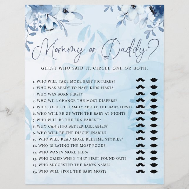Modern Blue Floral Mummy or Daddy Baby Shower Game (Front)