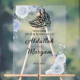Modern Blue Floral Muslim Islamic Wedding Welcome  Acrylic Sign