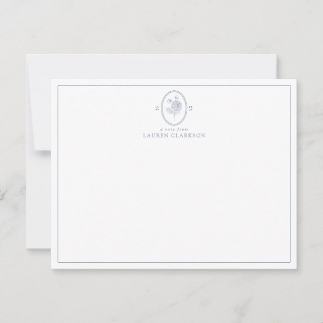 Modern, Blue Floral Oval Monogram Note Card (Front)