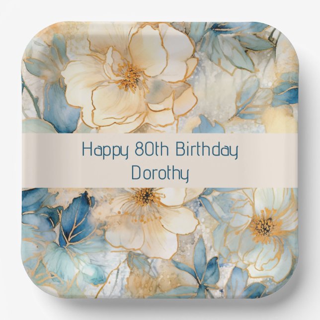 Modern Blue Floral Paper Plate (Front)