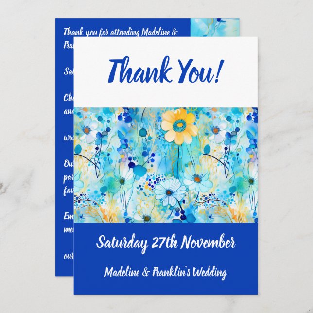 Modern Blue Floral Print Wedding Fun Thank You Card (Front/Back)