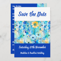 Modern Blue Floral Print Wedding Save The Date