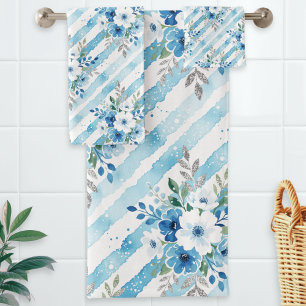Modern Blue Floral Striped Bath Towel Set