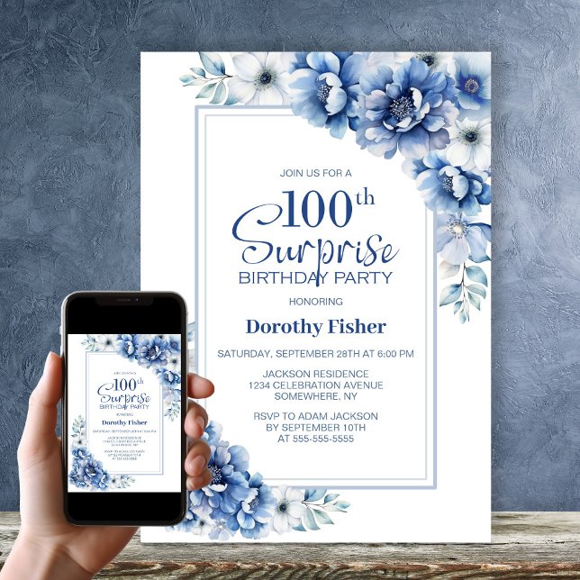 Modern Blue Floral Surprise 100th Birthday Party Invitation (Creator Uploaded)