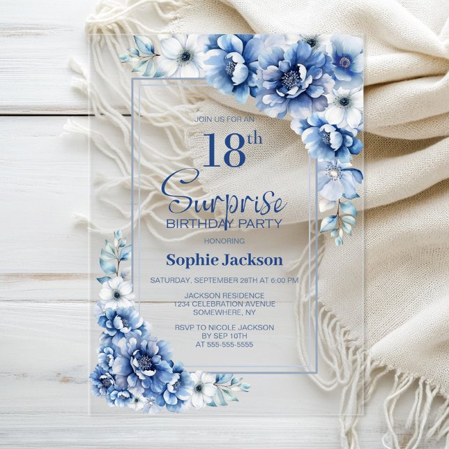 Modern Blue Floral Surprise 18th Birthday Party Acrylic Invitations (Creator Uploaded)