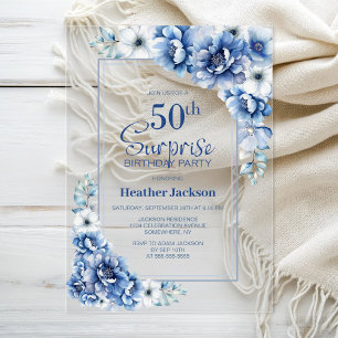 Modern Blue Floral Surprise 50th Birthday Party Acrylic Invitations