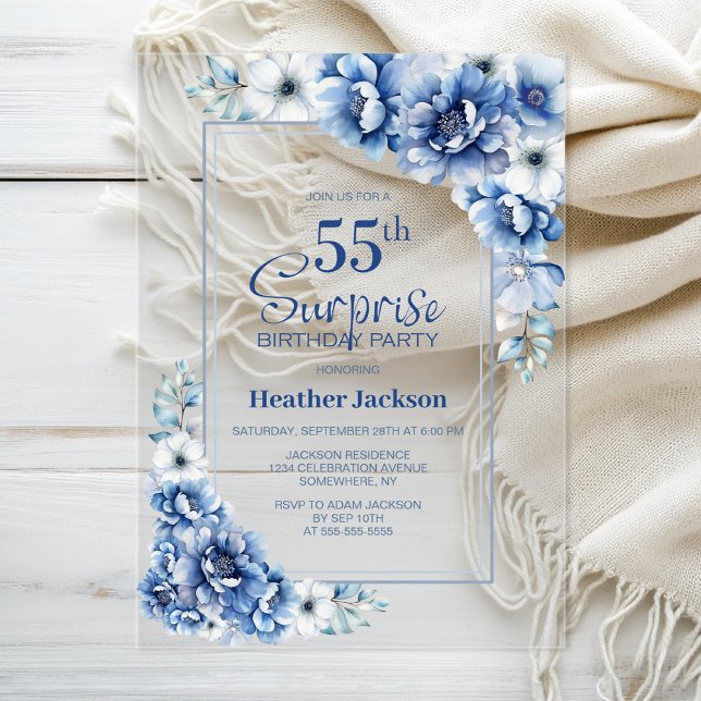 Modern Blue Floral Surprise 55th Birthday Party Acrylic Invitations (Creator Uploaded)
