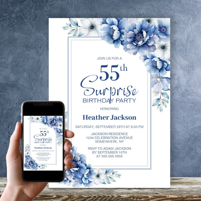 Modern Blue Floral Surprise 55th Birthday Party Invitation (Creator Uploaded)