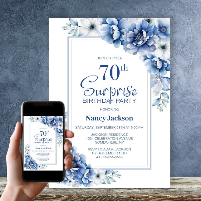 Modern Blue Floral Surprise 70th Birthday Party Invitation (Creator Uploaded)