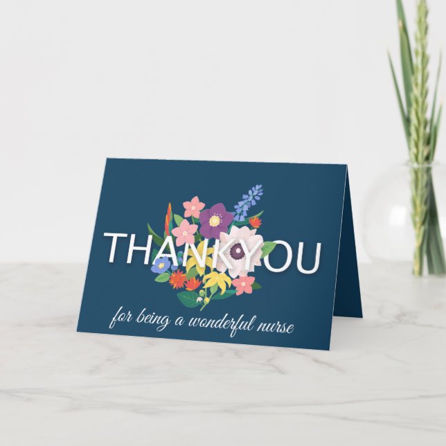 Modern Blue Floral Typography Nurse Thank You Card (Front)