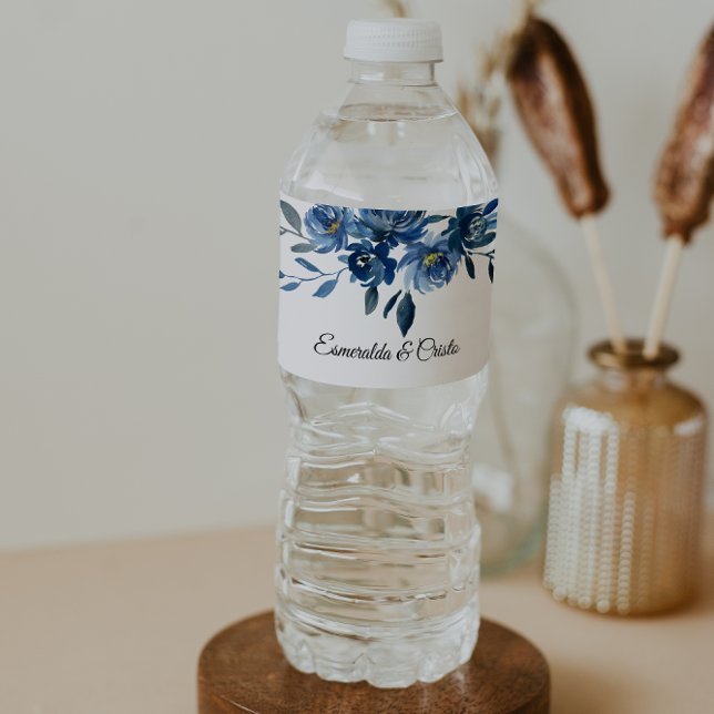 Modern Blue Floral Water Bottle Label (Creator Uploaded)