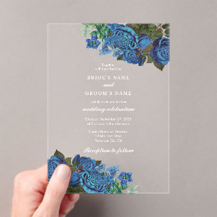 Modern Blue Floral Watercolor Elegant Wedding Acrylic Invitations