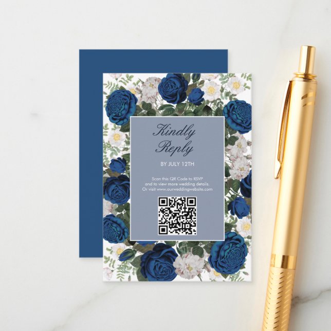 Modern Blue Floral Watercolor Elegant Wedding  Enclosure Card (Front/Back In Situ)