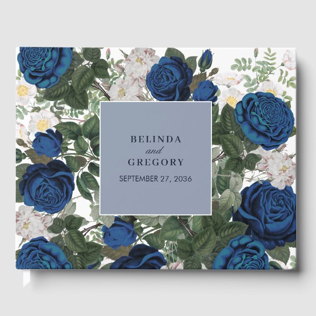 Modern Blue Floral Watercolor Elegant Wedding  Guest Book (Front)