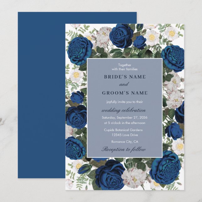 Modern Blue Floral Watercolor Elegant Wedding  Invitation (Front/Back)
