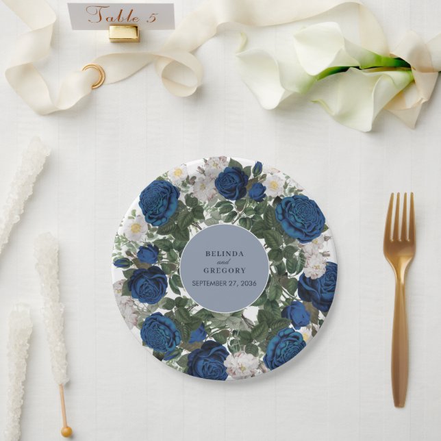 Modern Blue Floral Watercolor Elegant Wedding  Paper Plate (Wedding)