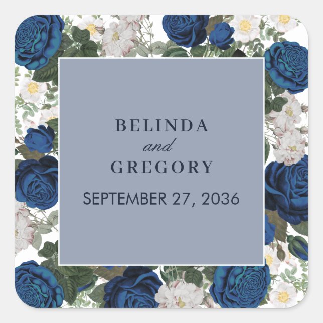 Modern Blue Floral Watercolor Elegant Wedding  Square Sticker (Front)
