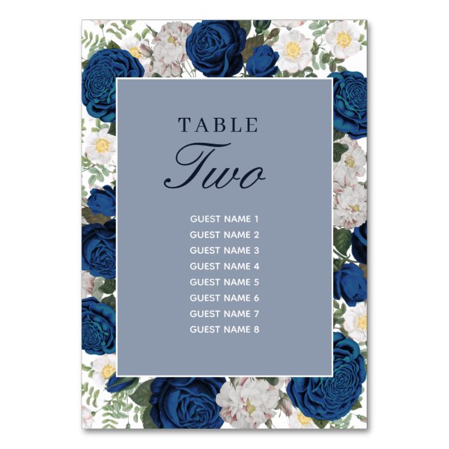 Modern Blue Floral Watercolor Elegant Wedding  Table Number (Front)
