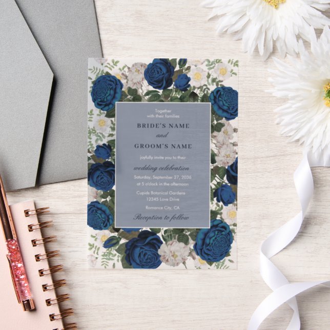 Modern Blue Floral Watercolor Elegant Wedding  Vellum Invitations (Wedding)