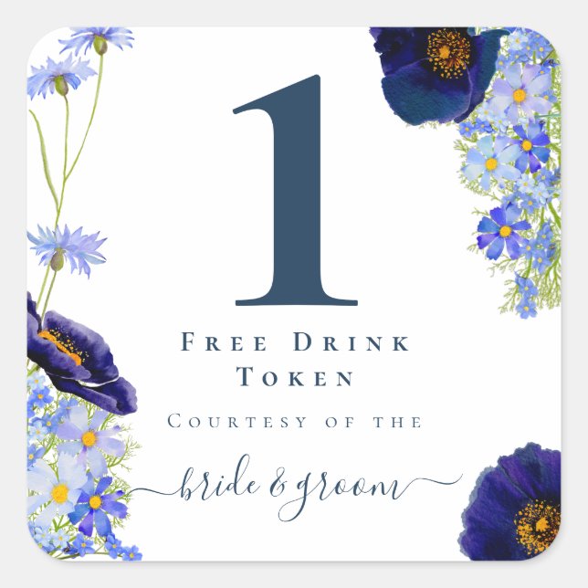 Modern Blue Floral Wedding Drink Token Square Sticker (Front)