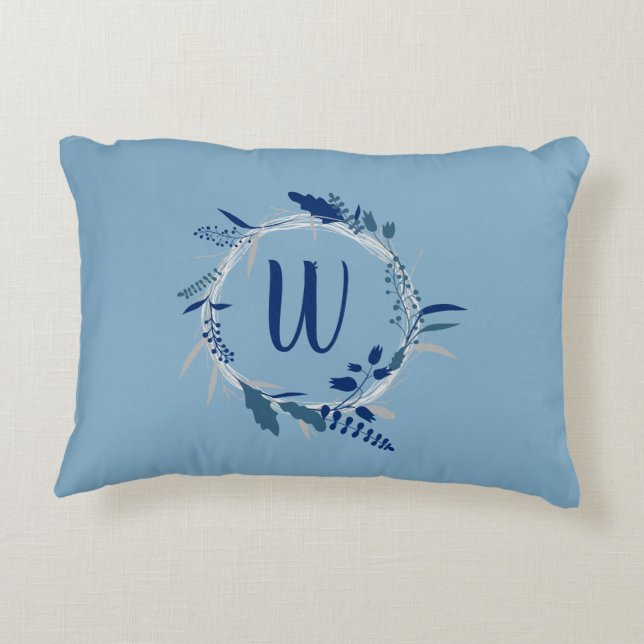 Modern Blue Floral Wreath Custom Monogram Decorative Cushion (Back)