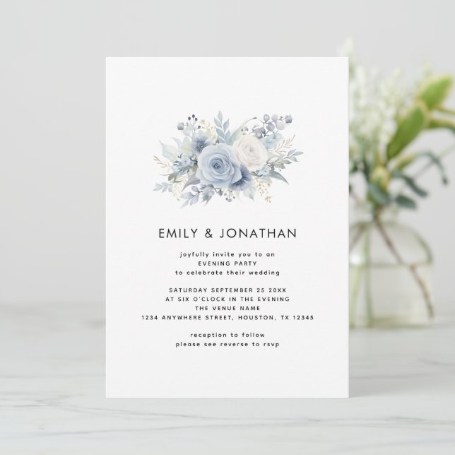 Modern Blue Florals QR Code Wedding Evening Party Invitation (Standing Front)