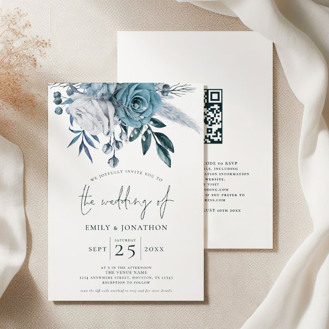 Modern Blue Florals QR Code Wedding Invitation (Front and back view)