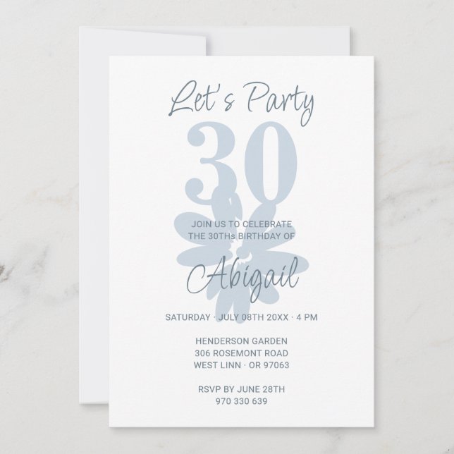 Modern Blue Flower 30th Birthday Invitation (Front)