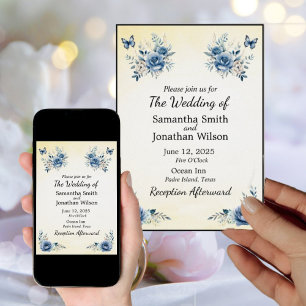 Modern Blue Flowers and Butterflies Wedding Invitation