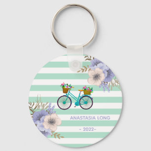 Modern Blue Flowers Bicycles Key Ring