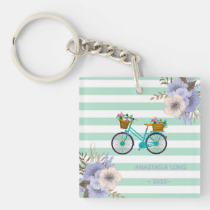 Modern Blue Flowers Bicycles Key Ring