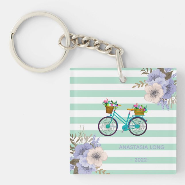 Modern Blue Flowers Bicycles Key Ring (Front)