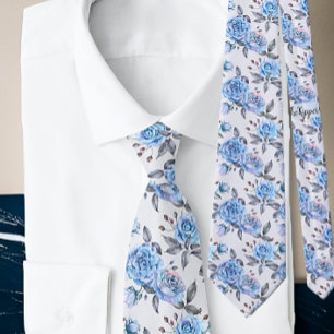 Modern Blue Flowers Elegant Roses Watercolor Tie