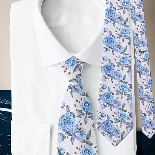 Modern Blue Flowers Elegant Roses Watercolor Tie (Creator Uploaded)