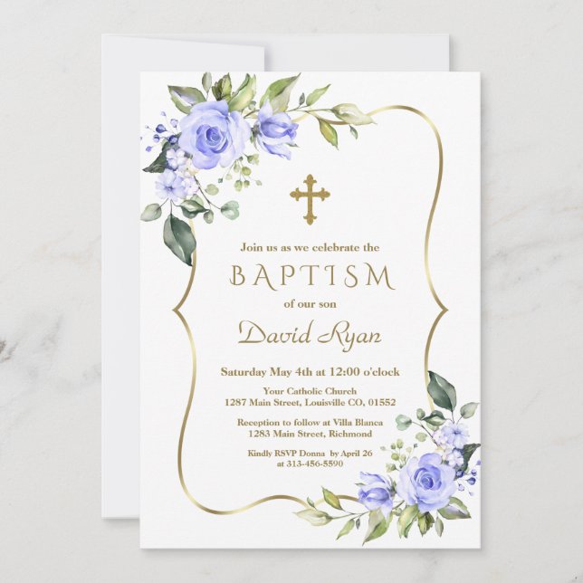 Modern Blue Flowers Gold Cross Frame Boy Baptism Invitation (Front)