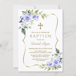 Modern Blue Flowers Gold Cross Frame Boy Baptism Invitation
