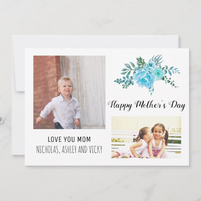 Modern blue flowers Mother's Day floral photo Card (Front)