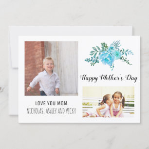 Modern blue flowers Mother's Day floral photo Card