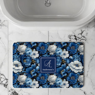 Modern Blue Flowers Personalized Floral Bath Mat