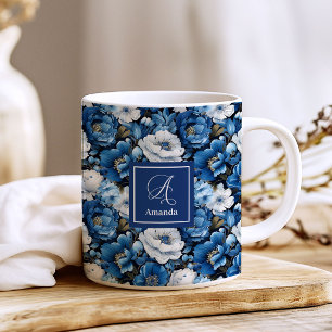 Modern Blue Flowers Personalized Floral Coffee Mug