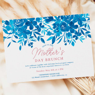 Modern blue flowers script mother's day brunch invitation