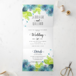 Modern blue flowers, typography floral wedding Tri-Fold invitation
