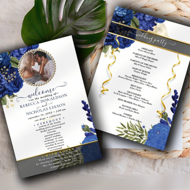 Modern Blue Flowery Custom Photo Wedding Program (Creator Uploaded)