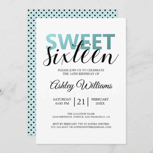 Modern Blue Foil Elegant Sweet 16 Invitation (Front/Back)